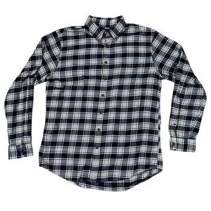 Lands End Mens Navy Blue White Plaid Flannel Button Down Shirt Long Sleeve Large